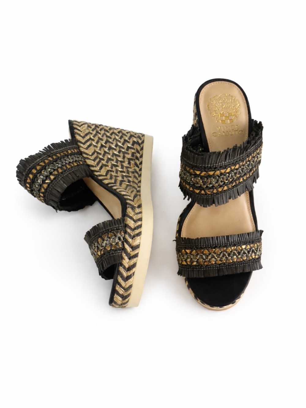Vince Camuto Women’s Shoes Brittnuh Espadrille Wedge Gold Black Sandals Resort